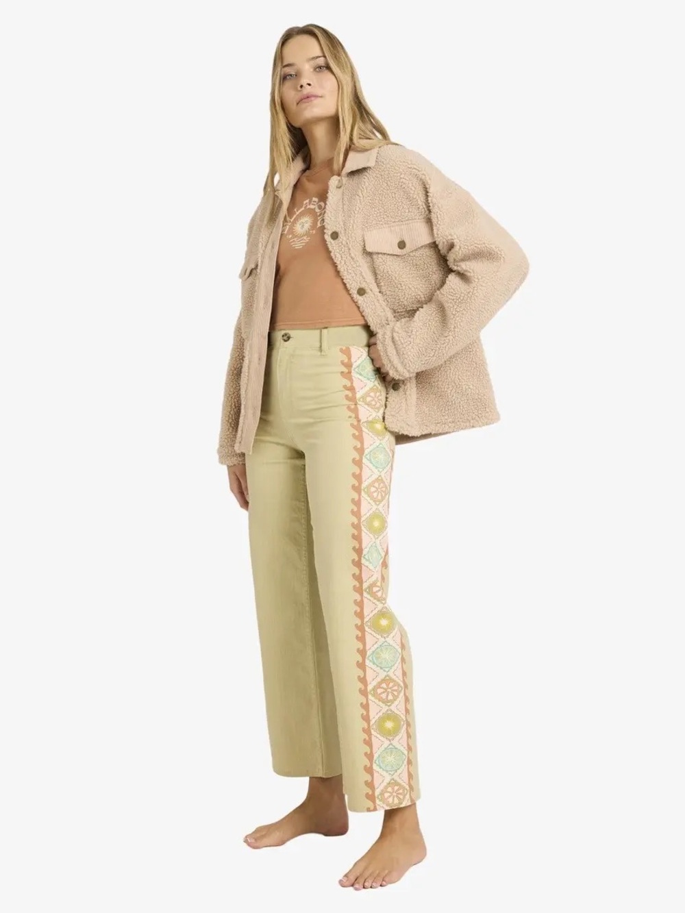 Billabong Beige Wide-Leg Pants with printed tribal Side Panel
